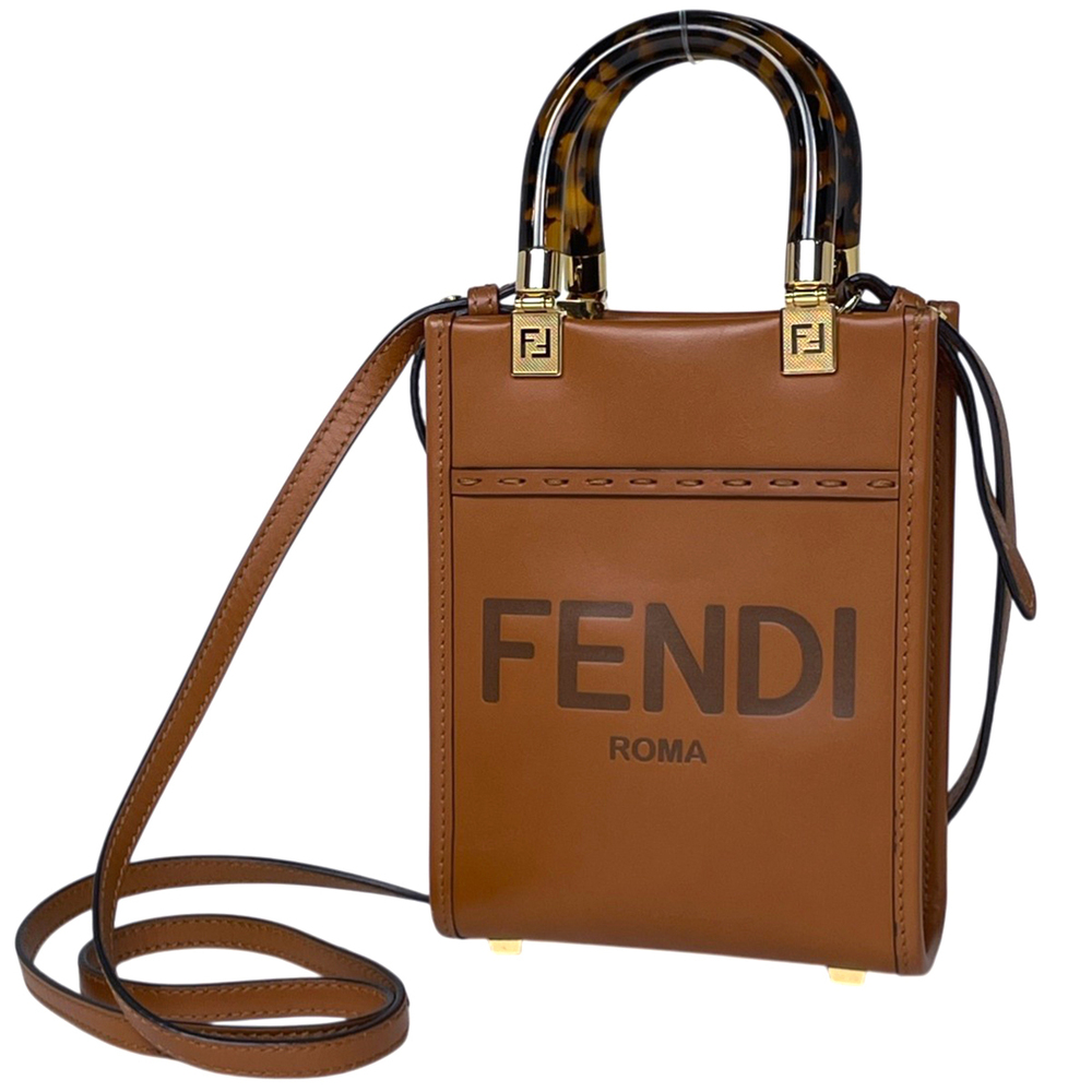 Fendi Sunshine Shopper Handbag Demi Shoulder Bag Leather Brown